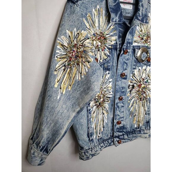 Hot Stuff by Suzy Ryan Signed Art To Wear Sunflower Embellished Denim Jacket - Picture 7 of 12